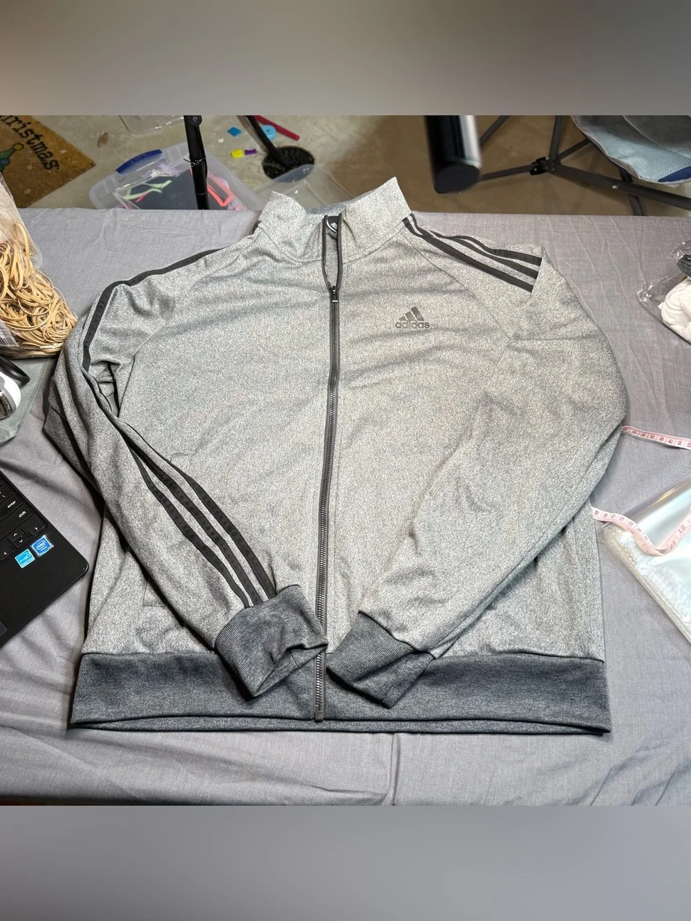 adidas Men's Light Gray Full-Zip Track Jacket with Dark Gray Stripes